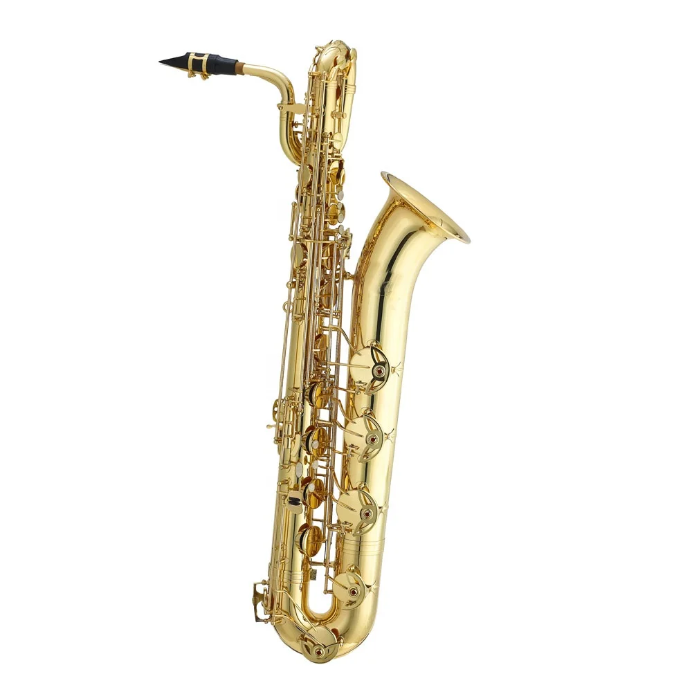 

High grade baritone saxophone, gold lacquer, with carrying wheel hard leather case