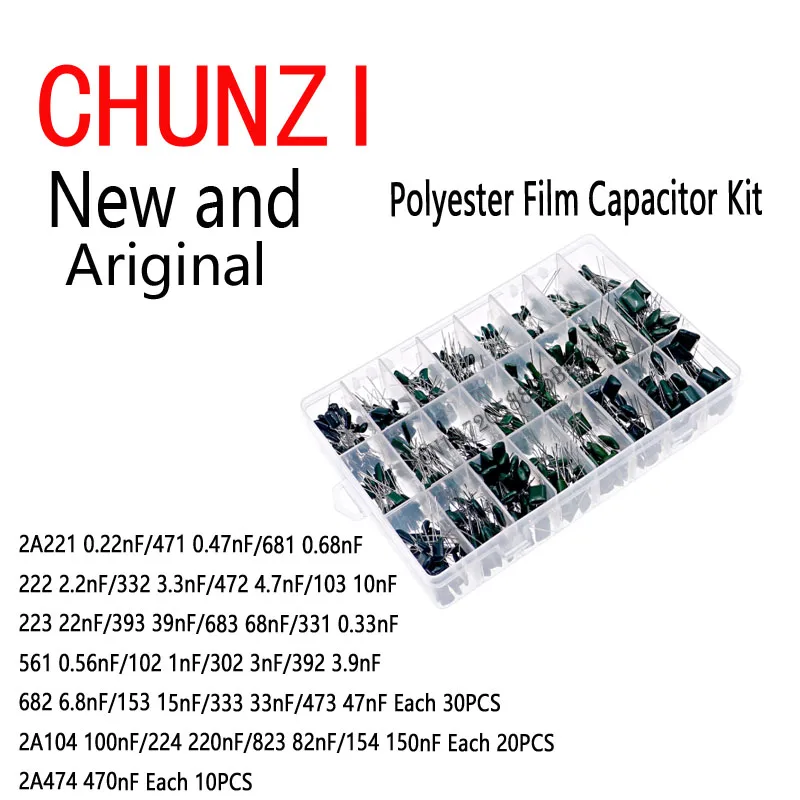 24Value Capacitor Kit 660pcs Polyester Film Capacitor Assorted Kit Capacitors 100V 2A221J To 2A474J 0.47nF 0.68nF 1nF 2.2nF