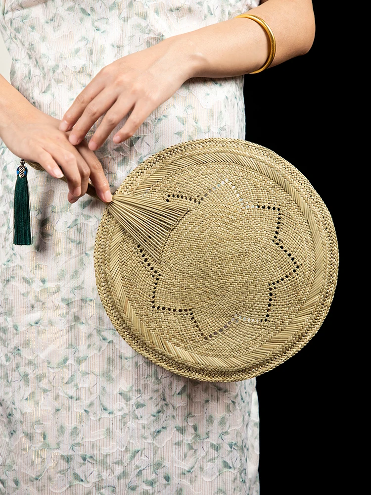 Handmade Straw Woven Fan, Natural Papyrus Woven Round Fan, Chinese Style, Old-fashioned Circular Fan, Summer Decor Fan