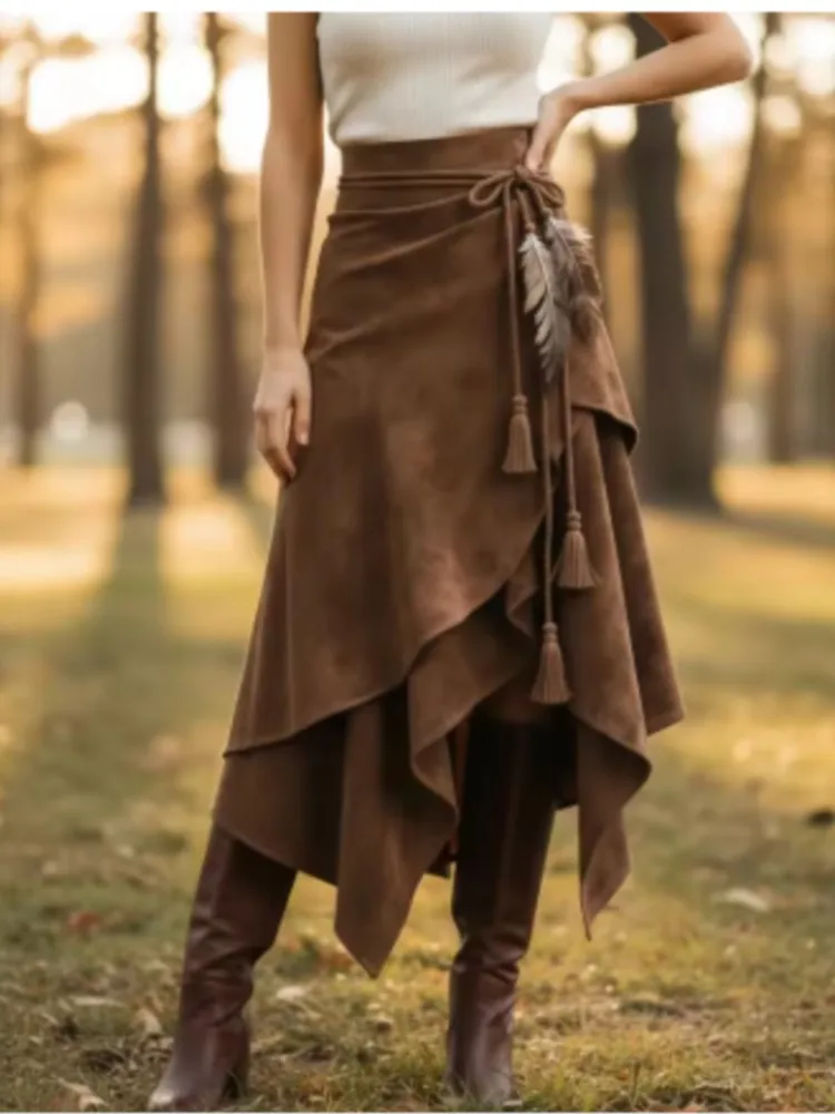 

New Suede Irregular Skirt For Women's High Waist Retro Brown Pleated A-line Casual Vintage Midi Skirt Autumn Fashion Skirt