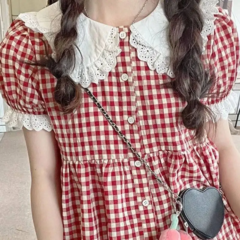 Rode geruite shirts dames zoete Peter Pan kraag studenten vintage Japanse stijl all-match casual mode zomer persoonlijkheid chic