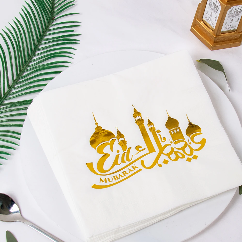 20pcs white Gold Foil Eid Mubarak Napkins Islamic Muslim Festival Party Decor Ramadan Kareem 2025 Mubarak Napkin Paper Tissue