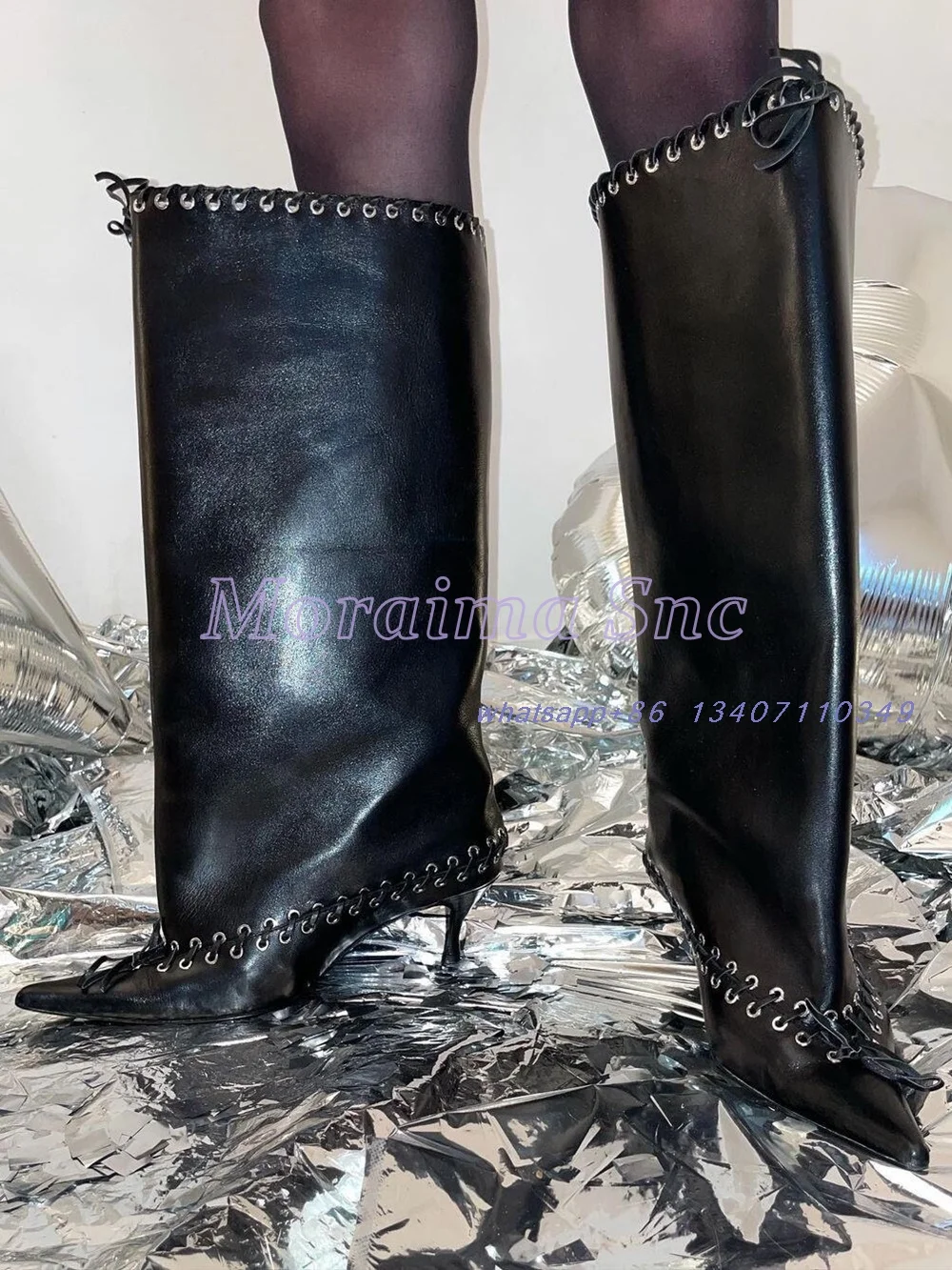 Eyelets Hollow Pointed Toe Knee High Boots Kitten Heel Lace-up Wide Calf Sexy Women's Long Boots Black Solid Autumn Winter 2025