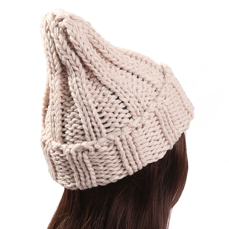 2023 Women Winter Knitted Beanies Hat Thick Soft Warm Coarse Large Knitted Solid Hat Female Bonnet Skullies Beanies Hat