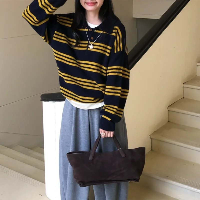 

Winter New Arrival Elegant Sophisticated Women's Polo Neck Knitwear Striped Style Long Sleeve Crew Neck Sweater Autumn