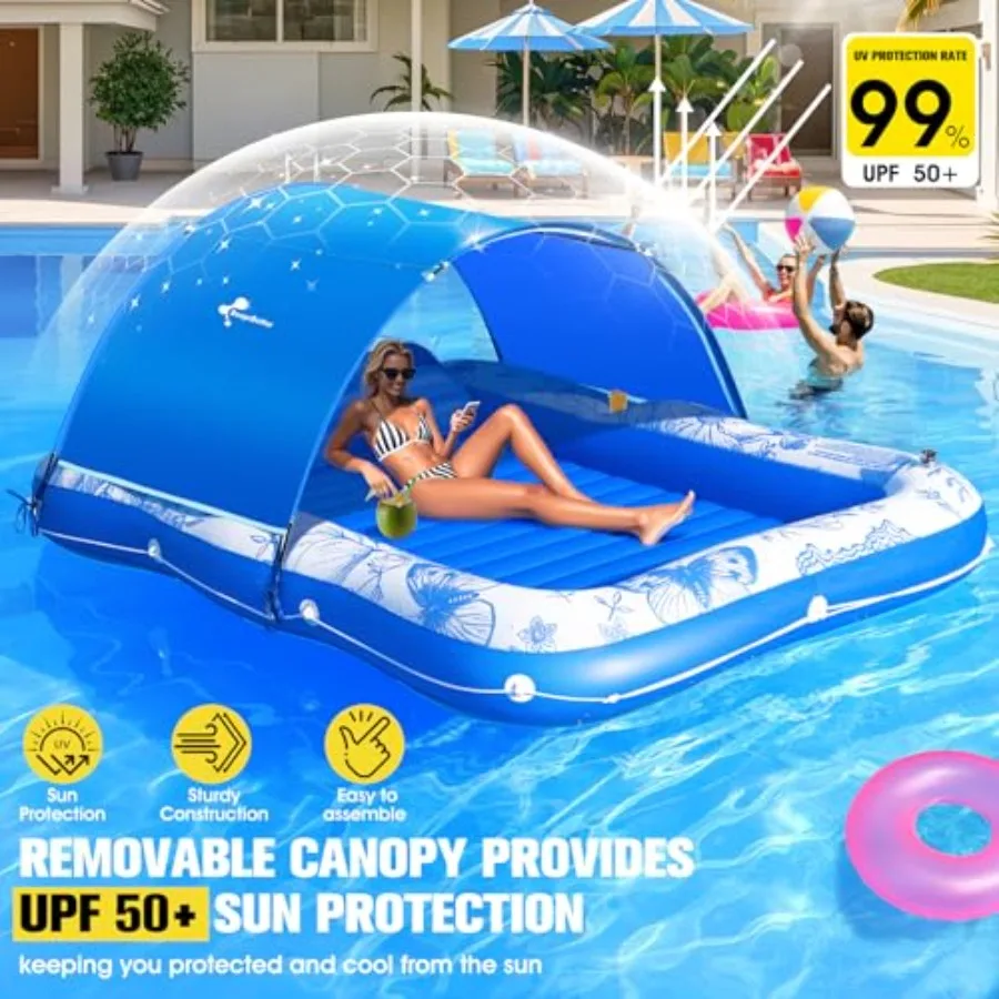Backyard tanning pool lounger, inflatable PVC, blue, 81x60 large size with canopy, cup and phone holder