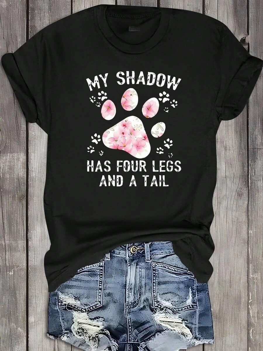 Women's Summer Casual Graphic T-Shirt, Crew Neck Short Sleeve Tops With Cartoon Bear Paw & Funny 