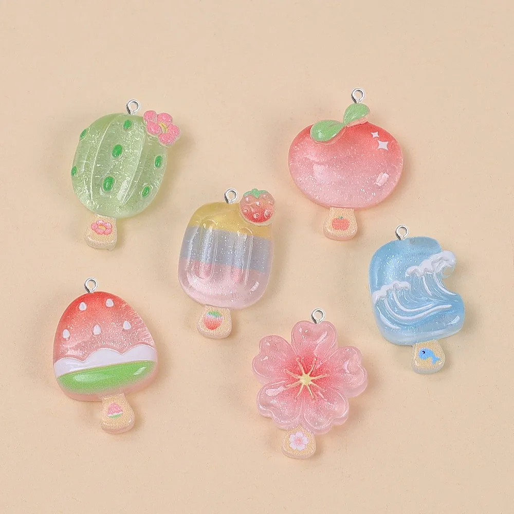 10Pcs Kawaii Summer Popsicle Resin Pendants Cactus Peach Flower Glitter Ice Cream Charms for DIY Jewelry Earring Keychain Decor