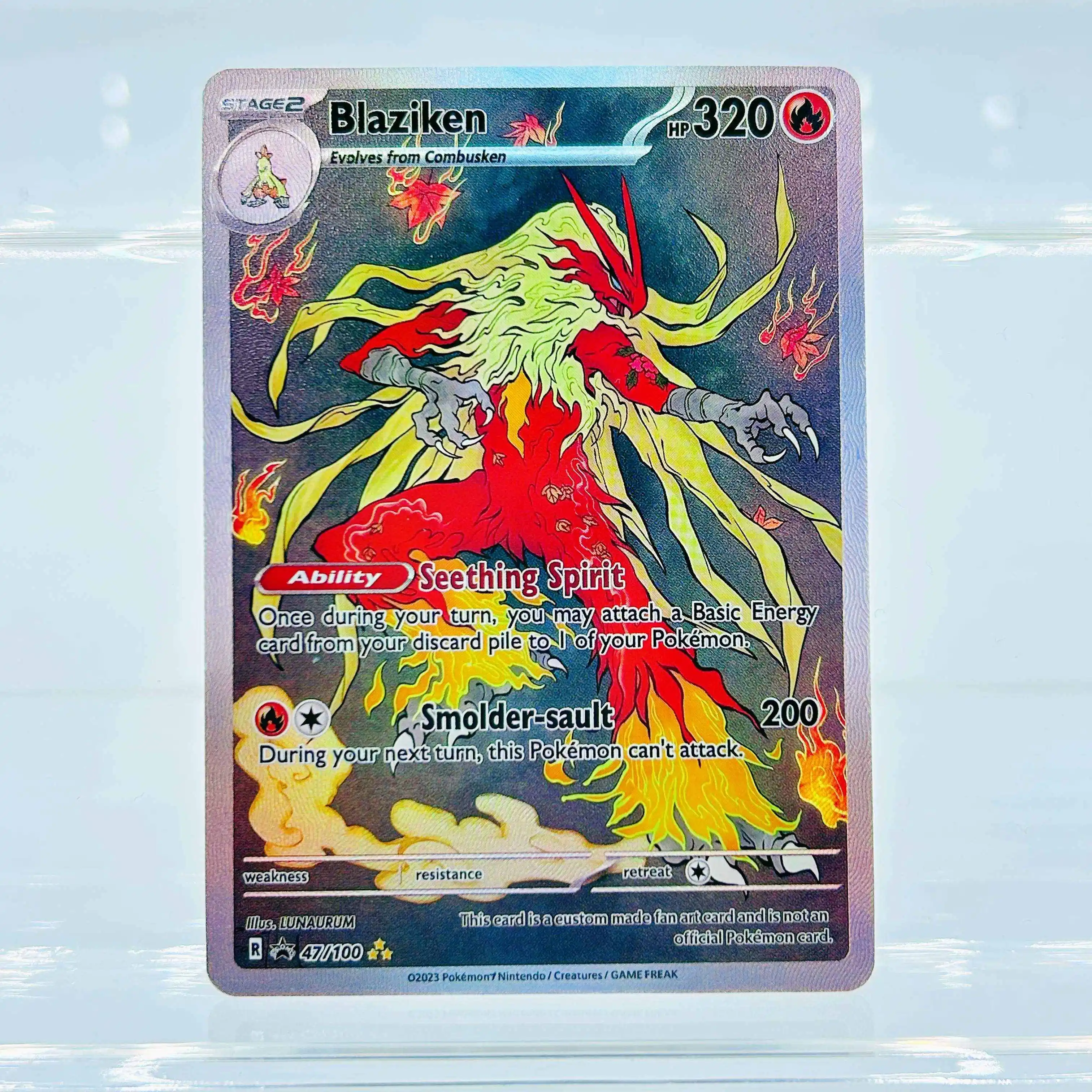 

2023 English Blaziken Full Art Holo Rare DIY Textured Fan Art Pokemon Card - Mint Collectible