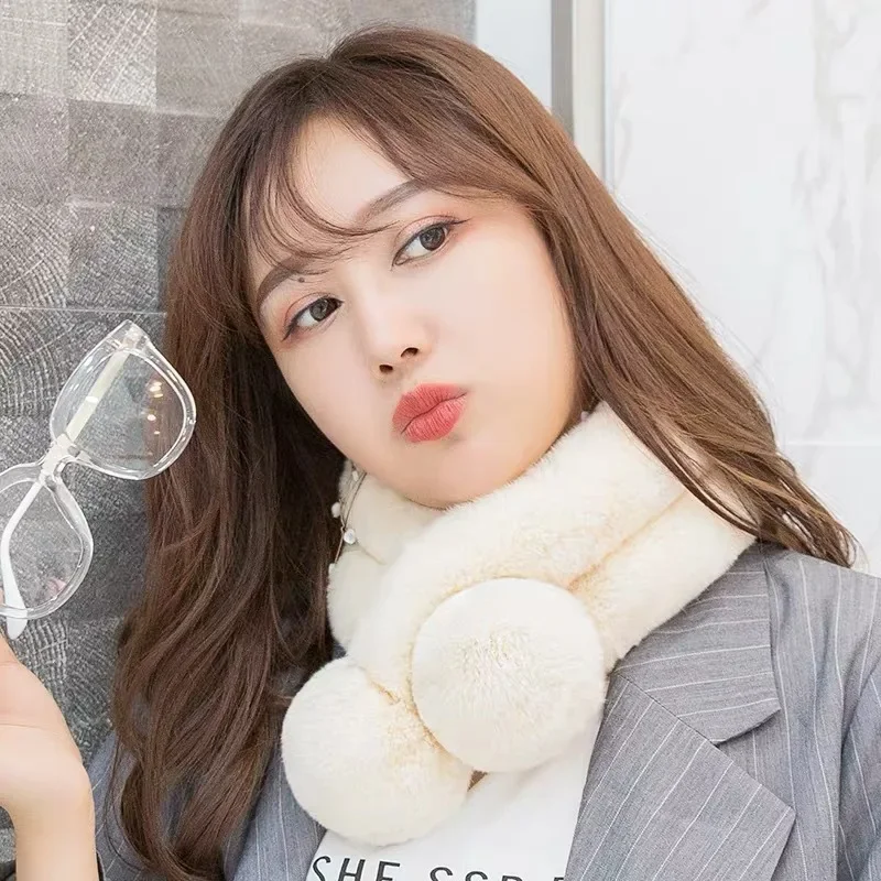 

Fur Rabbit Plush Thick Warm Scarf Autumn and Winter New Fashion Solid Color Fur Ball Cross Student Children Clothes Accessories