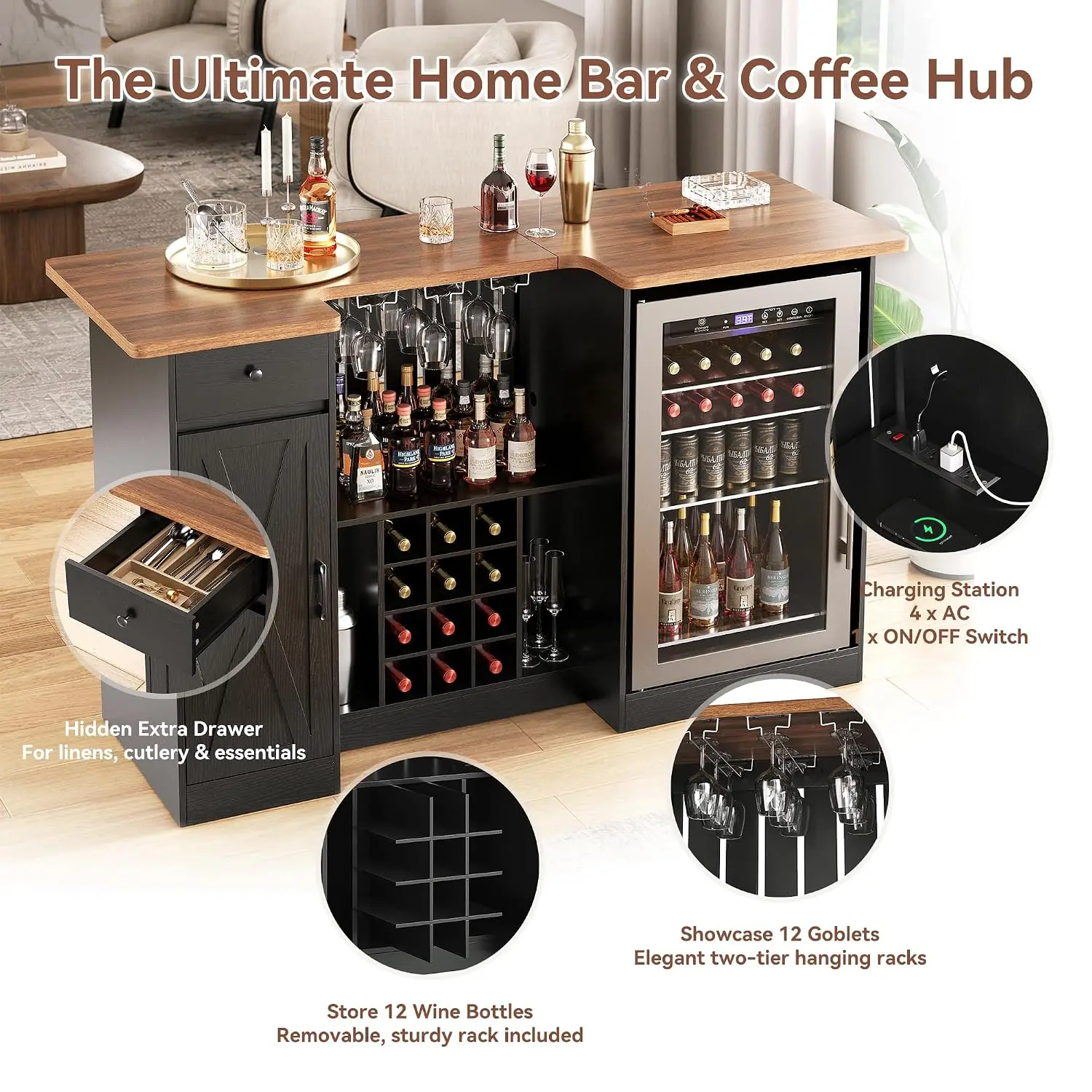 72" U-Shape Liquor Cabinet with Fridge Space, Wine Rack & Glass Holder Bar, Storage for Pub Basement Living Room, Customized image 5