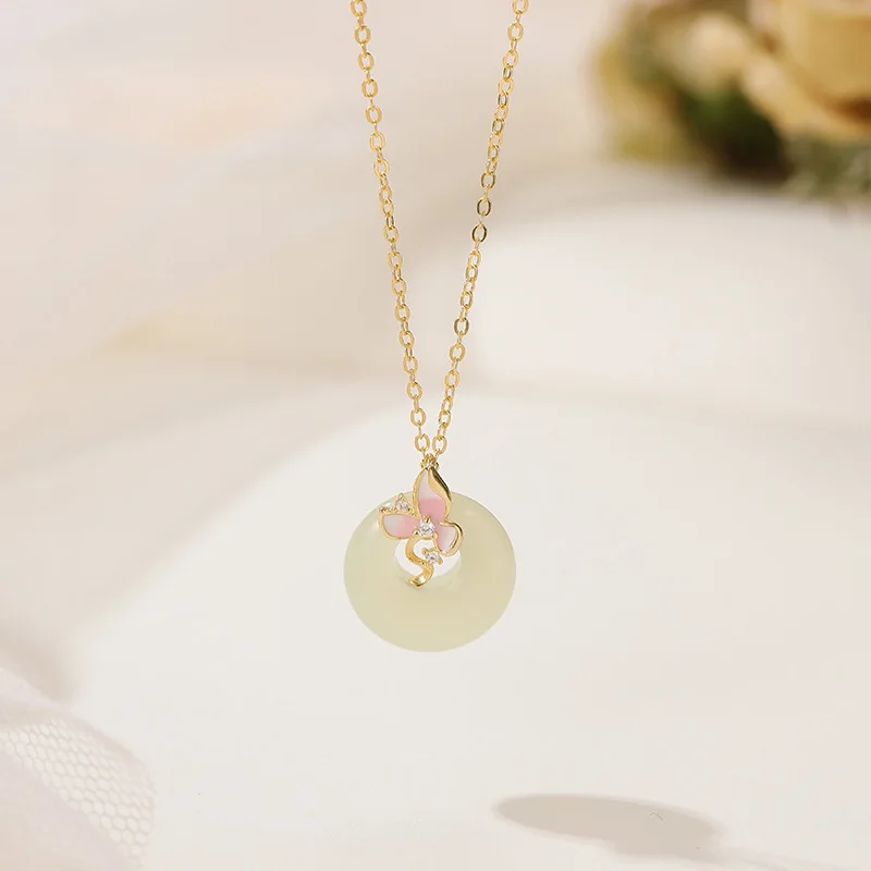 925 Sterling Silver Necklace for Women Orchid Safety Buckle Necklace Silver 925 Chain Pure Silver Jade Pendant Clavicle Chain