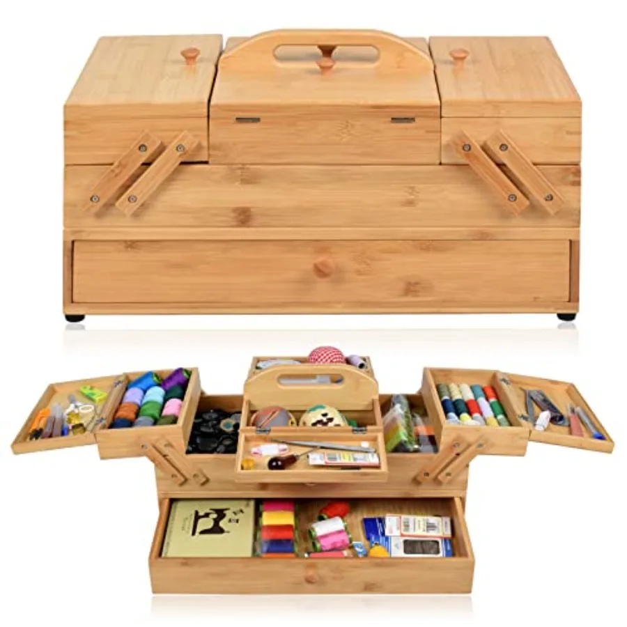 

Wooden Sewing Box Organizer for Sewing SuppliesSewing Crafting Hobby Storage Box 3 Tier Drawers for Craft Tools Needles Assorte