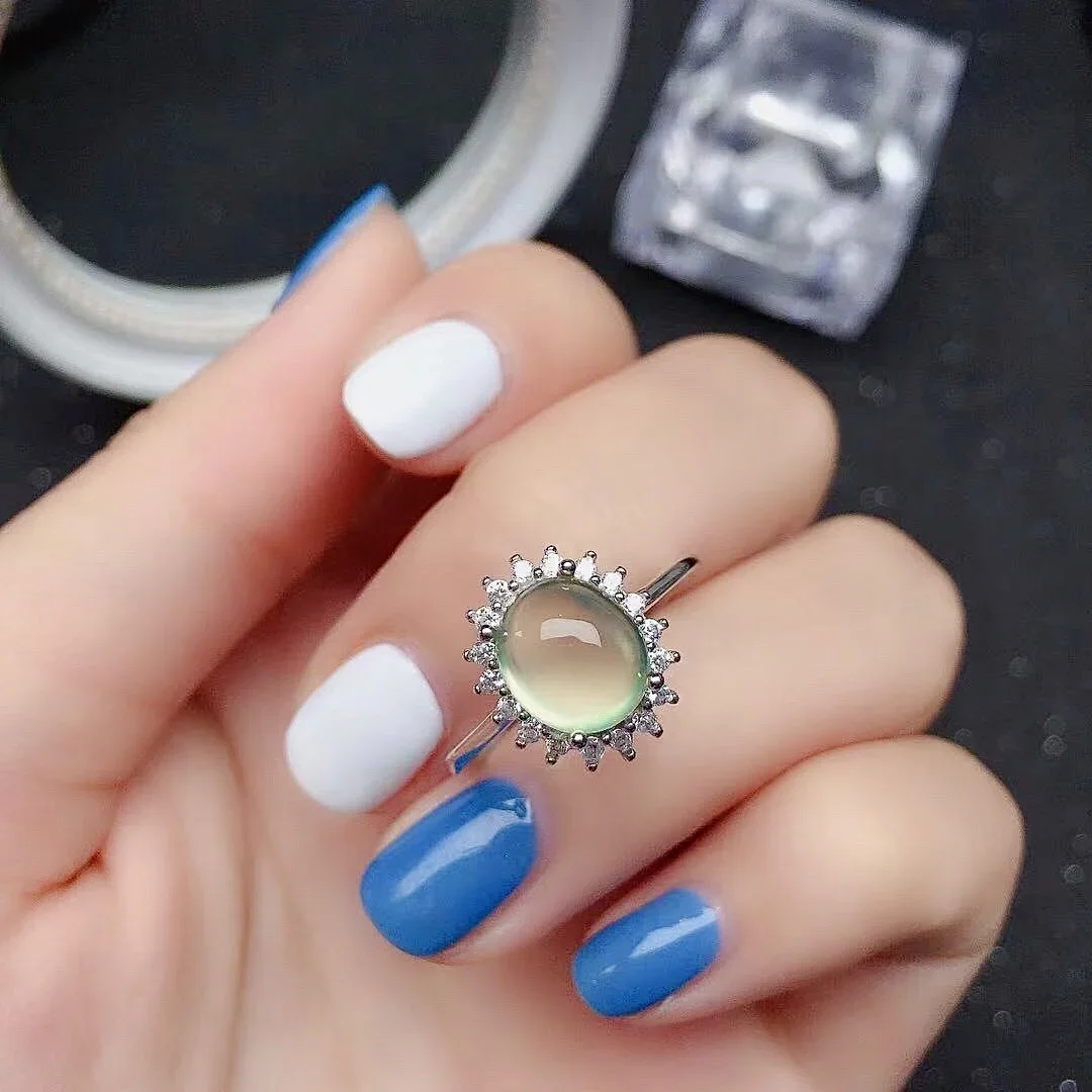 Classic Prehnite Silver Ring for Daily Wear 7mm*9mm Natural Prehnite Ring Solid 925 Silver Prehnite Jewelry