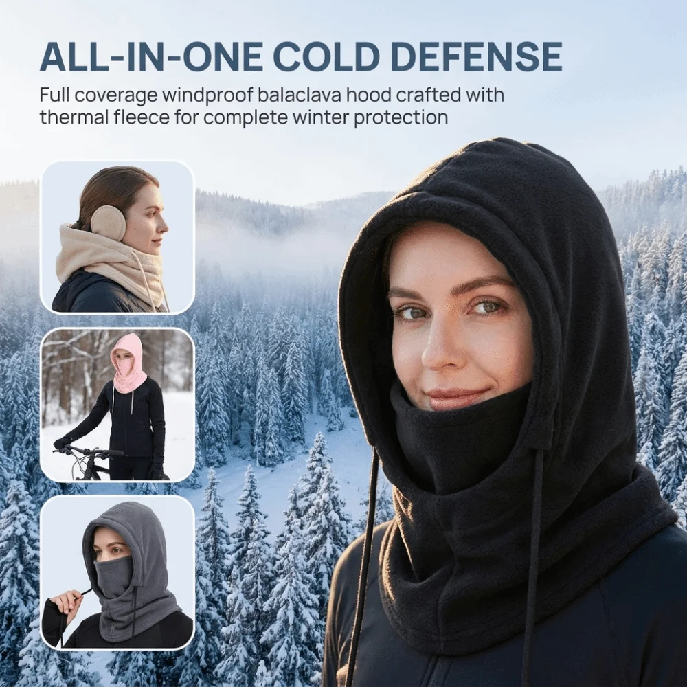 Unisex Lined Balaclava Hat Zipper Closure Thermal Face Cover Scarf Hand Washable Windproof Warm Hooded Scarf Motorcycle
