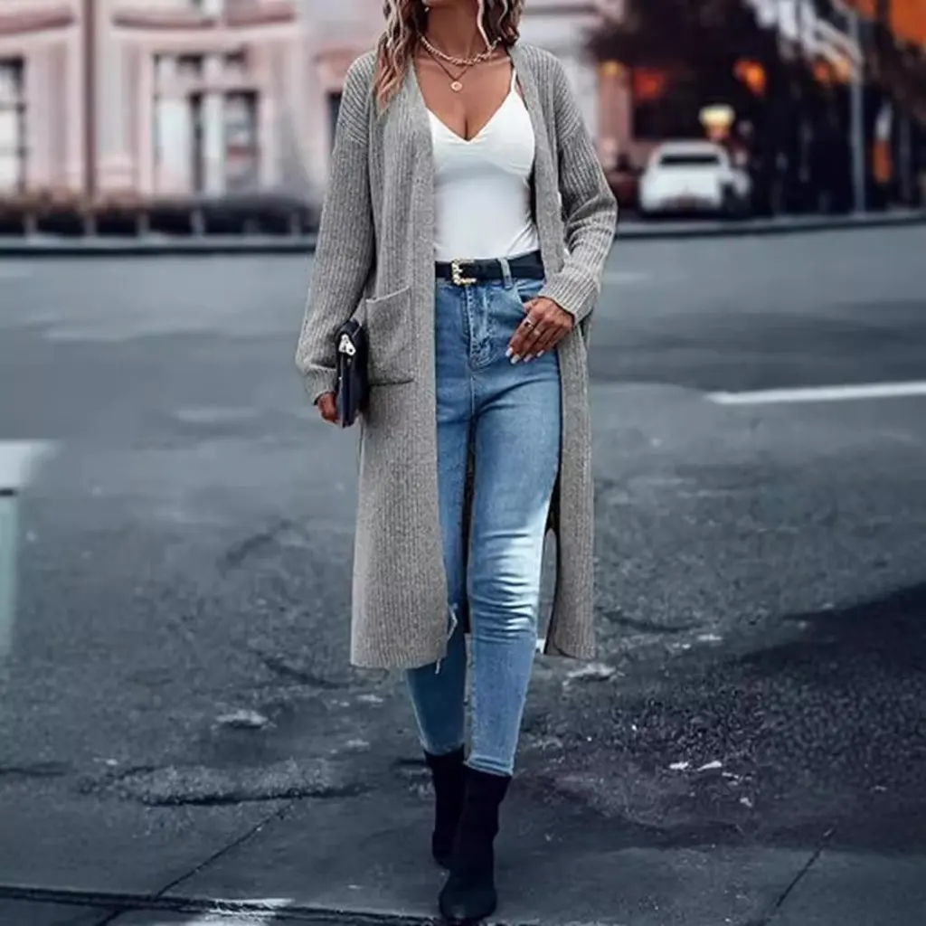 

Женский длинный вязаный кардиган, осенне-зимняя верхняя одежда, свободный крой с клапаном, карманом и разрезом, свитер в европейском и американском стиле