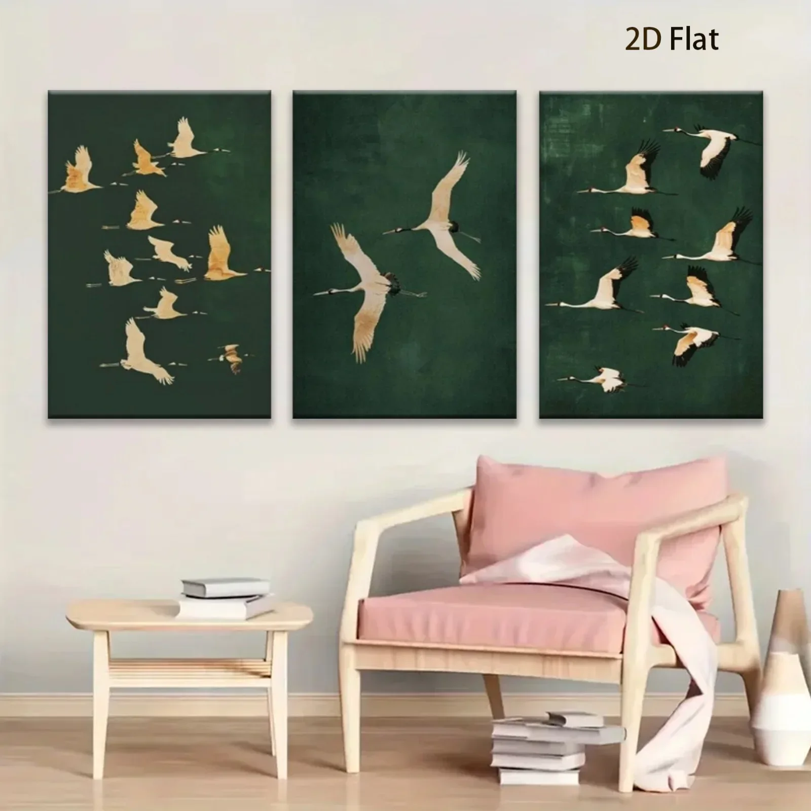 3pcs frameless Canvas Painting (No frame)2D Flat, 2D Flat, 2D Flat A 3pcs 2D Wooden Canvas Poster Featuring a Jade Green Crane,