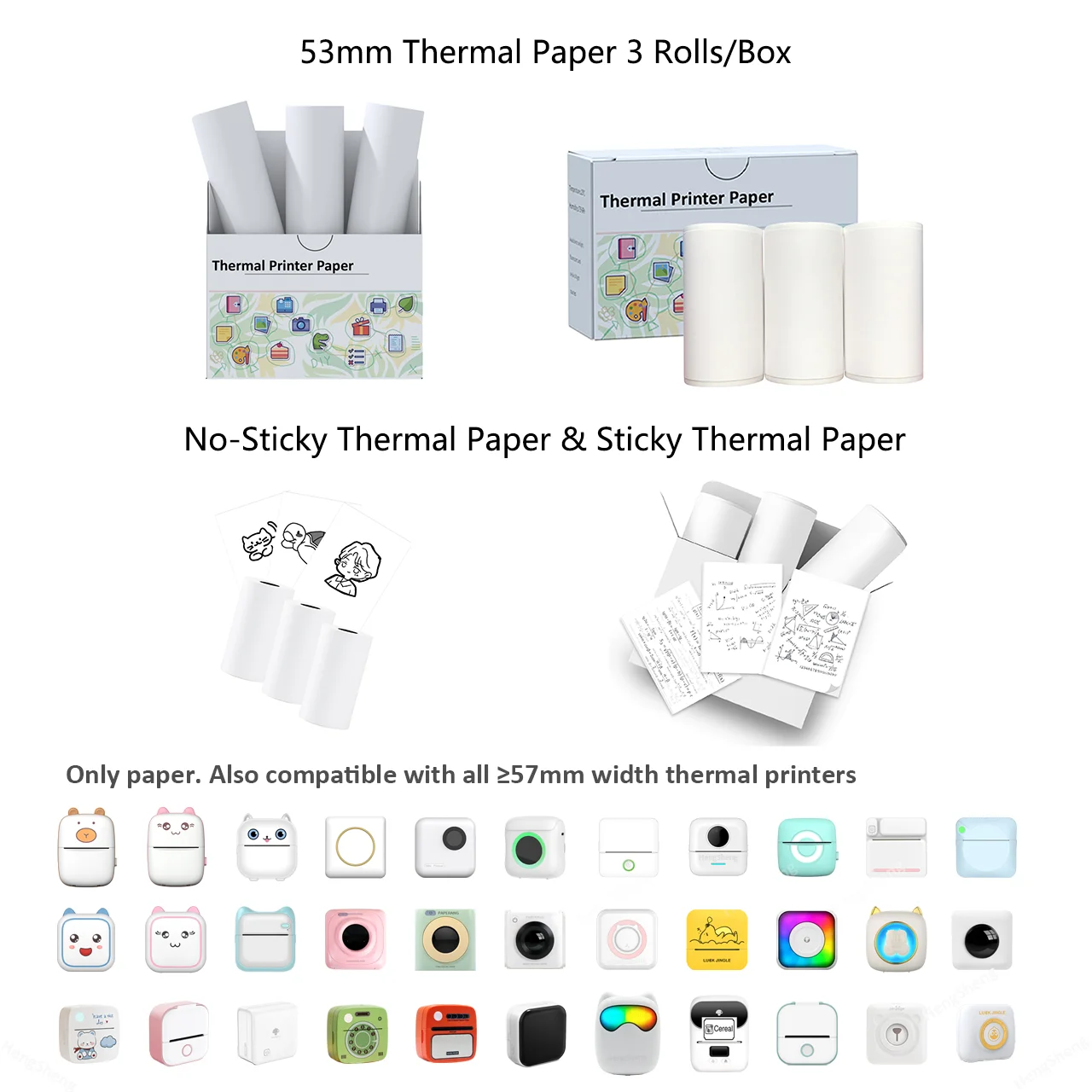 6Rolls Thermal Paper for T02 Mini Printer, 53mm Thermal Paper, For T02 M832 M833 M834 width 53mm Portable Printer