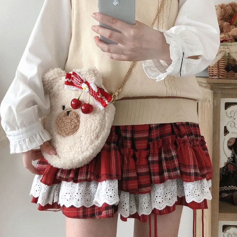 Lolita Plaid Skirts for Women Vintage Kawaii Lace Schoolgirls Mini Skirt Autumn Japanese Fashion Streetwear Princess Sweet Teens