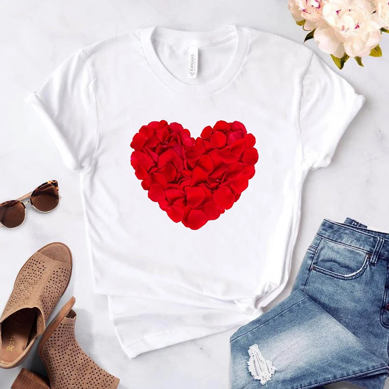 T-Shirt da donna con stampa floreale a cuore maglietta da donna Casual con colletto tondo maglietta con stampa grafica Love T-Shirt bianca manica corta