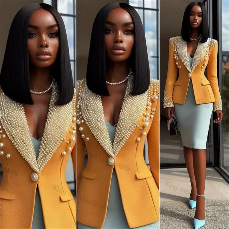 Pearls Yellow Women Suit 1 Piece Blazer Cotton Coat Customized Formal Office Lady Wedding Prom Jacket Outfit