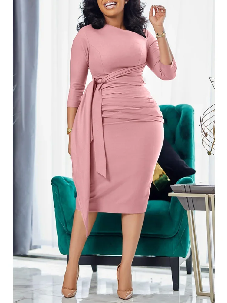 

Women's Summer Dress 2023 New Solid Color Irregular Half-neck Seven-point Sleeve Zipper High Street Knee-length Pencil Skirt