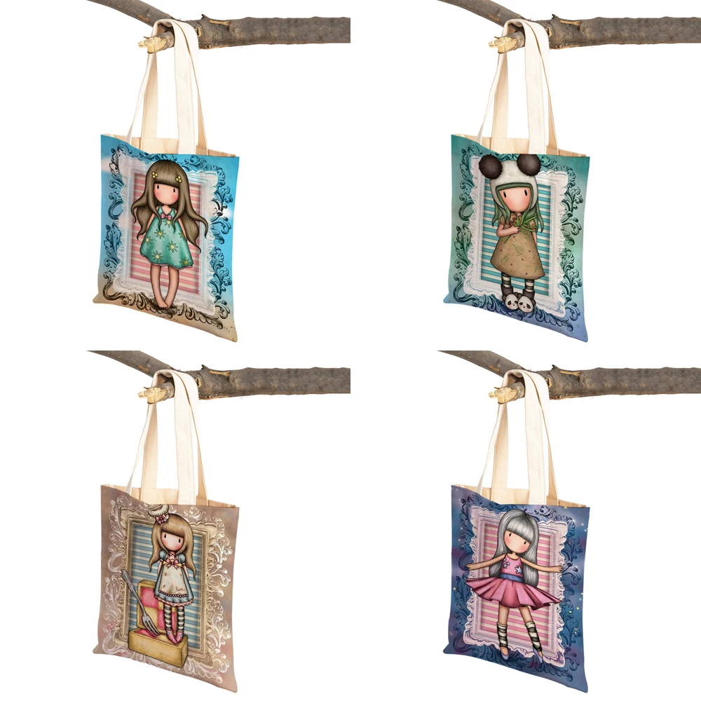 Cartoon Children Women Shopping Bag Both Sided Foldable Reusable Canvas Casual Cute Girl Tote Travel Portable Lady Handbag