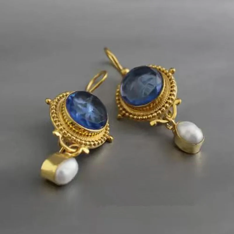 Huitan Bohemia Style Blaue baumelnde Ohrringe mit Imitationsperle, goldfarben, Vintage-Stil, für Damen, Alltag, Party, Tropfenohrringe, schicker Schmuck