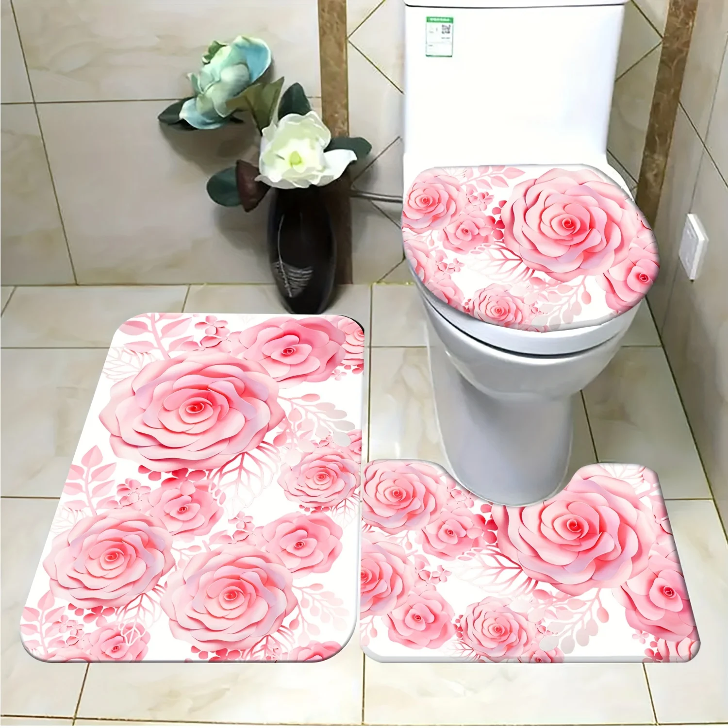 Valentine's Day Pink Rose Pattern Bathroom 3Pcs/set Mat Home Flannel Decoration Accessories Floor Rug Toilet Cover 40*60/50*80CM