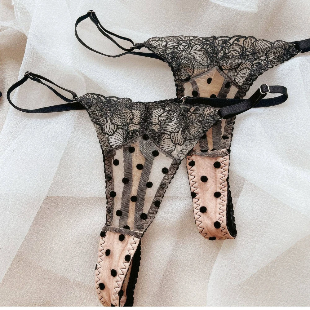 Conjunto de lencería sexy de encaje francés con flores bordadas, conjunto de sujetador y tanga ultrafino transpirable de verano para mujer, versión ancha