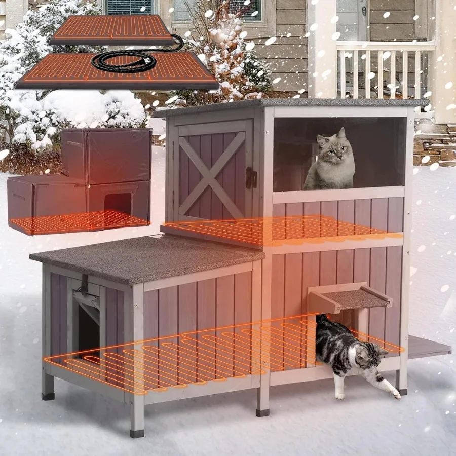 Heated Outdoor Cat House Insulated Weatherproof Feral Cat Shelter with Heating Pad in Winter 2-Layer Large Kitten Condo with Es