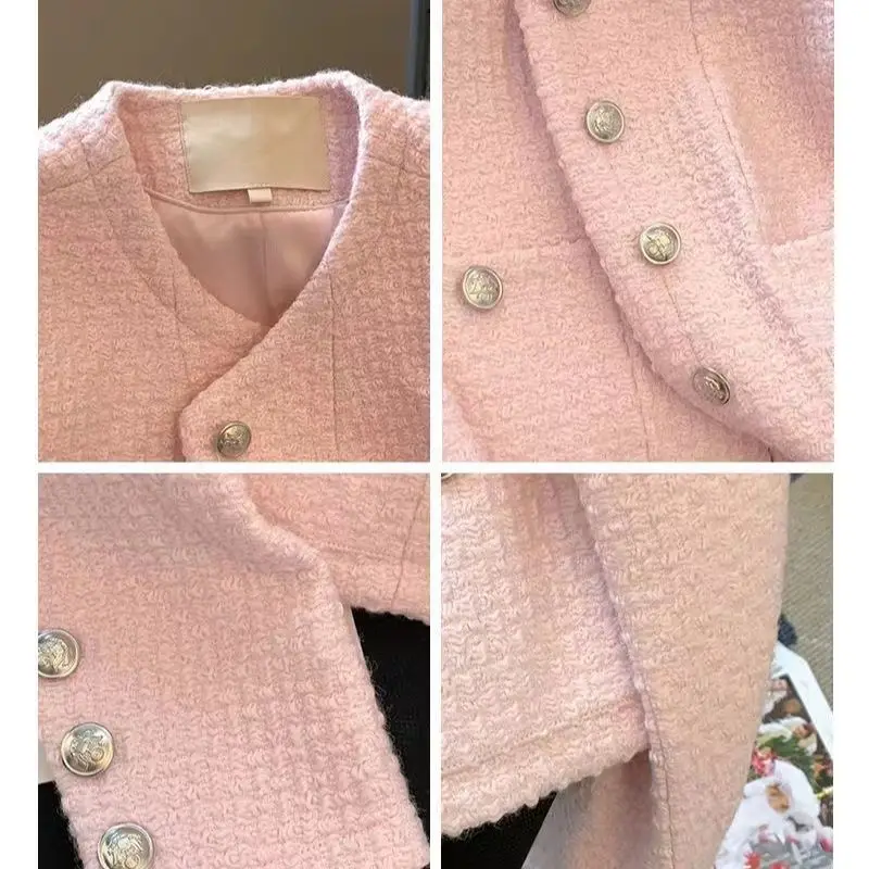 Women Tweed Fragrant Pink Jacke Long Sleeve Single-breasted Winter Autumn Y2K Coat Female Elegant Crop Top Korean 2023 Clothing