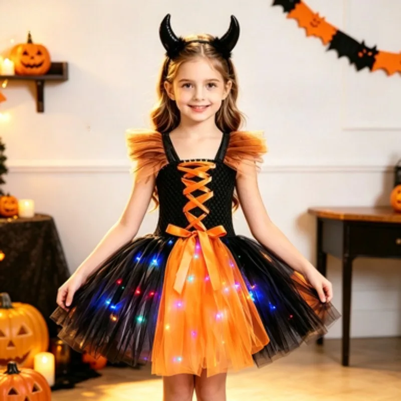 Black & Orange Witch Tutu Dress with LED Lights, Kids' Fancy Dress for Halloween Parties & Exquisite Stage Performance Costume