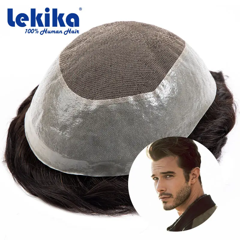 

Australia Toupee Men French Lace & 0.06-0.08mm Wide Knotted PU Wig 100% Natural Human Hair Replacement Unit Male Hair Prosthesis