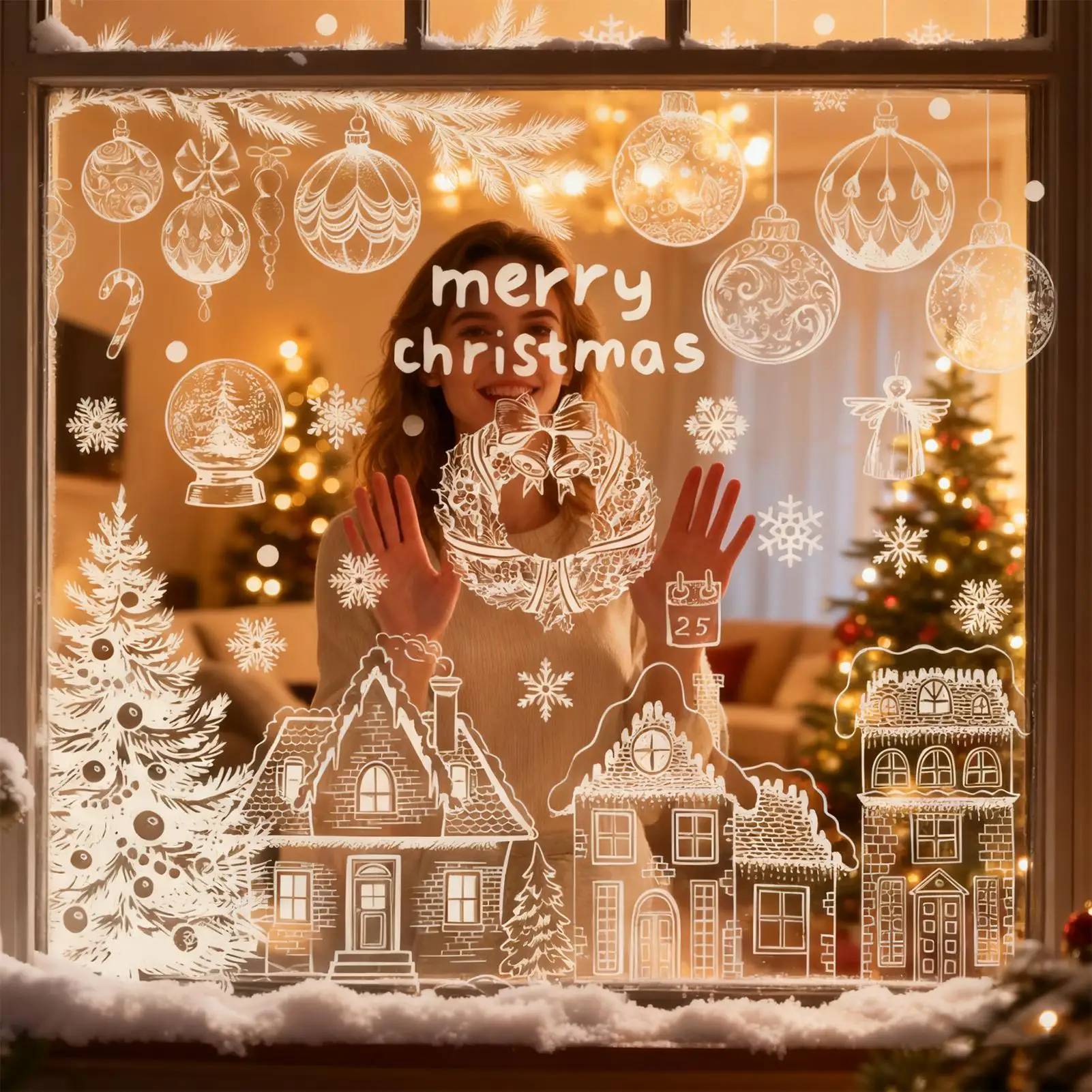 Christmas Clings For Window 9 Pieces Double-Sided Static Clings Decorations Static Window Stickers For Christmas For Wall Door