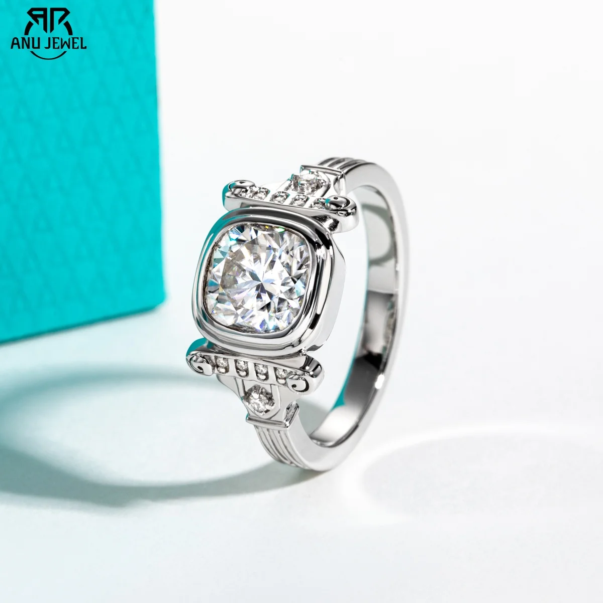 

AnuJewel 2ct Cushion D Color Moissanite Roman Column Retro Promise Ring 925 Sterling Silver Wedding Rings for Women Men Jewelry
