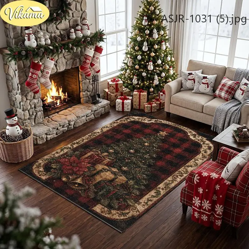 VIKAMA Christmas Fair Isle Area Rug Crystal Velvet Living Room Carpet Non Slip Blue Snowflake Reindeer Pattern Bedroom Floor Mat