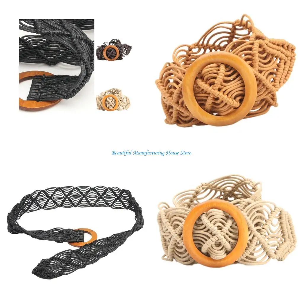 E56A Handwoven Waxed Rope Waist Belt Bohemian Adjustable Wide Women Accessory
