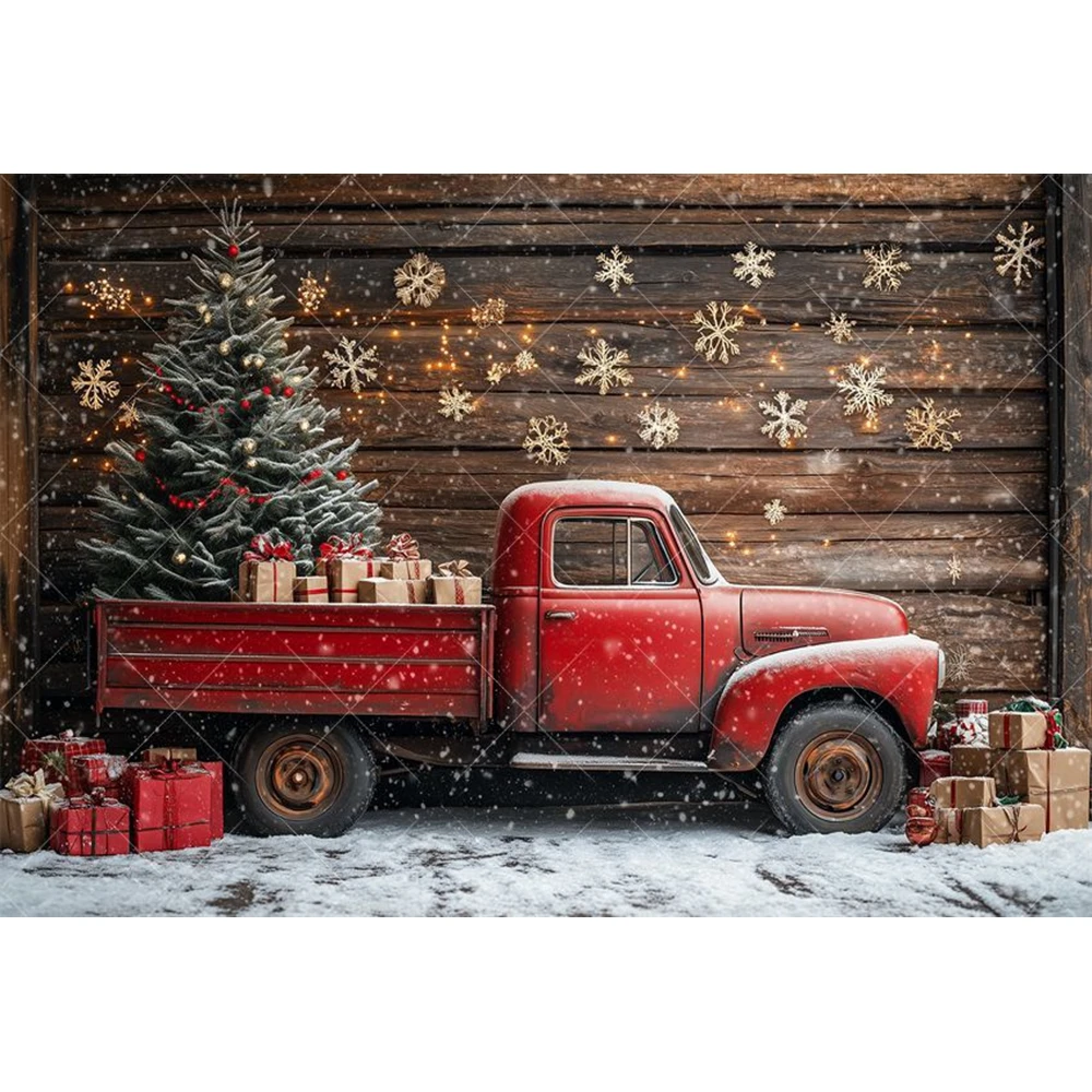 Winter Christmas Vintage Truck Photography Background Night Snow Wooden Wall XMAS Tree Baby Portrait Indoor Shoot Backdrop Decor