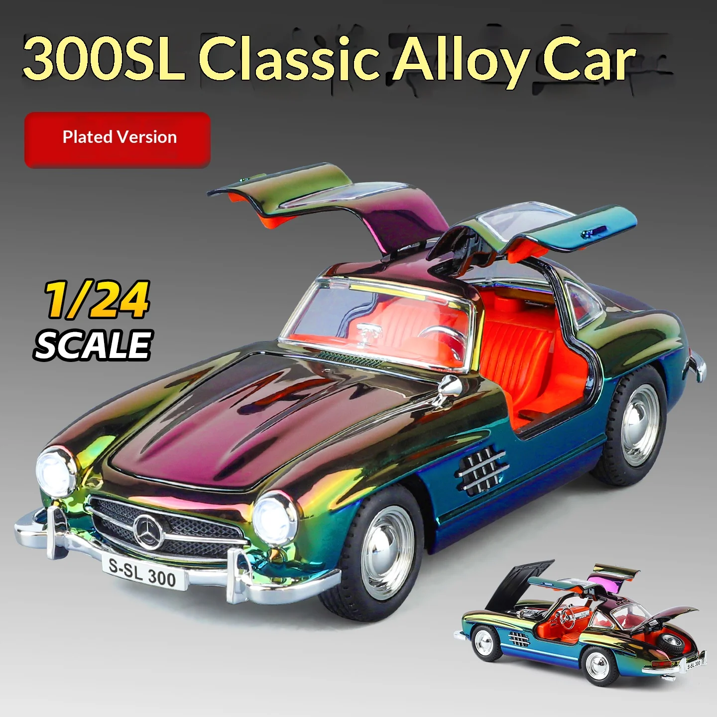 

Модель автомобиля 300SL в масштабе 1:24, электролитически покрытая, из сплава, литая под давлением, ретро-стиль, украшение, игрушка для мальчика, коллекционный подарок на праздник.