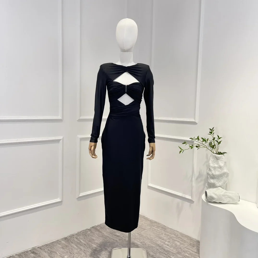 Rosa vermelha 2023 novo sólido primavera verão de alta qualidade sexy manga longa cintura cortar mulher preto midi vestido para festa