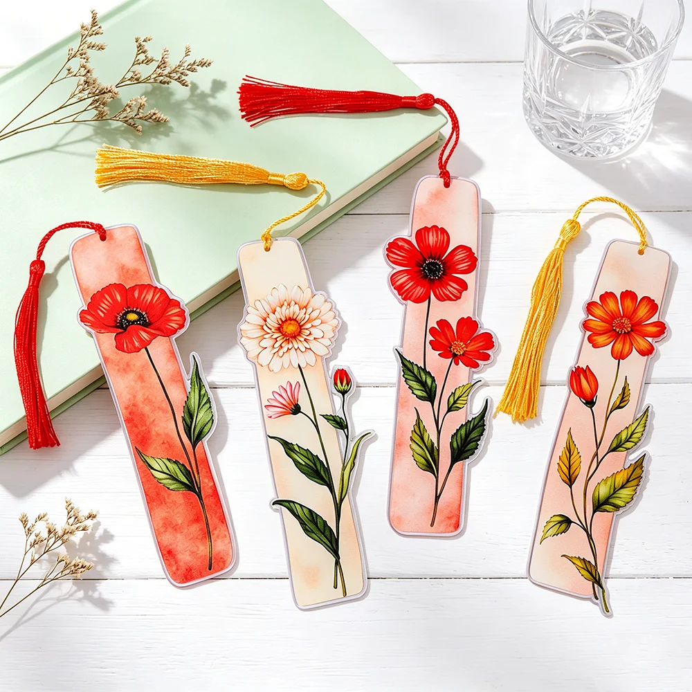 Watercolor Floral Bookmark Acrylic Irregular Flower Tassel Bookmark Double Sided Cute Reading Gift for Women