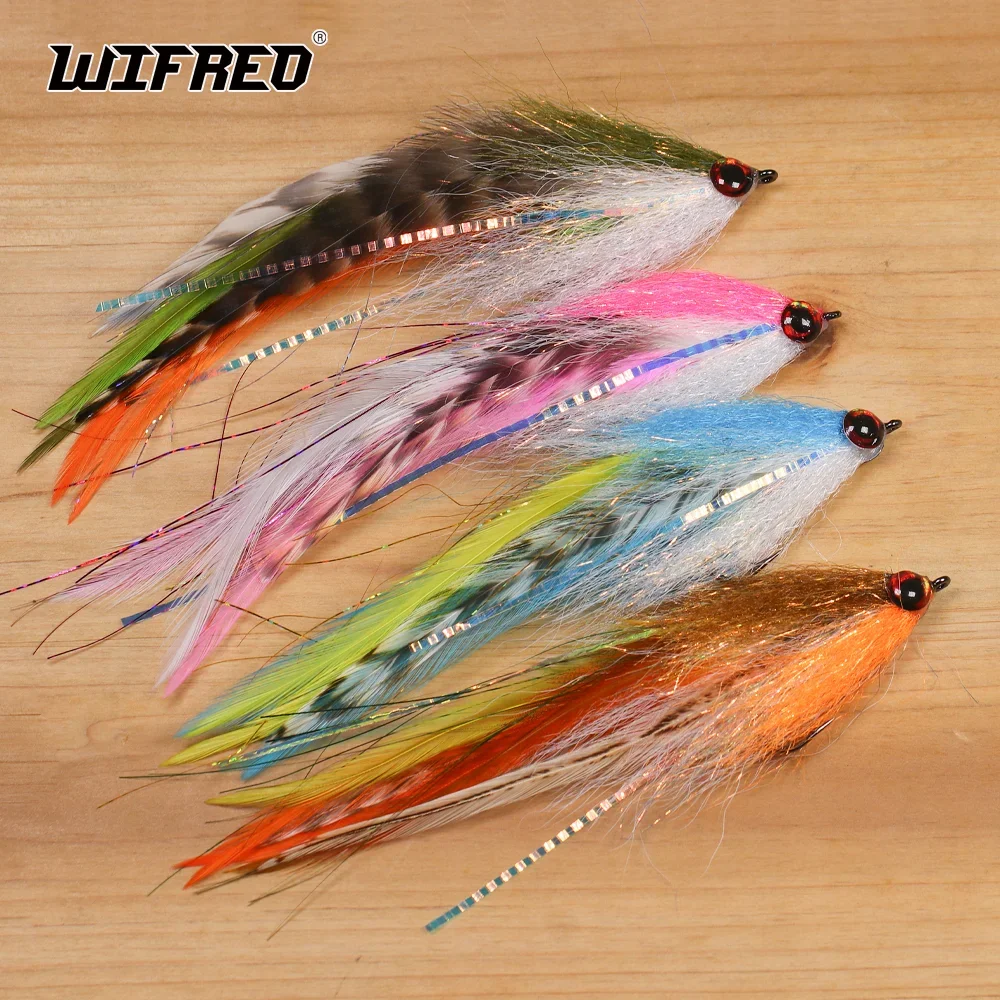 Wifreo 1pc/4pcs #2/0 Epoxy 3D Fish Eye Big Game Streamer Fly Grizzly Saddle Hackle Fly Fishing Flies Trout Muskie Fishing Lures