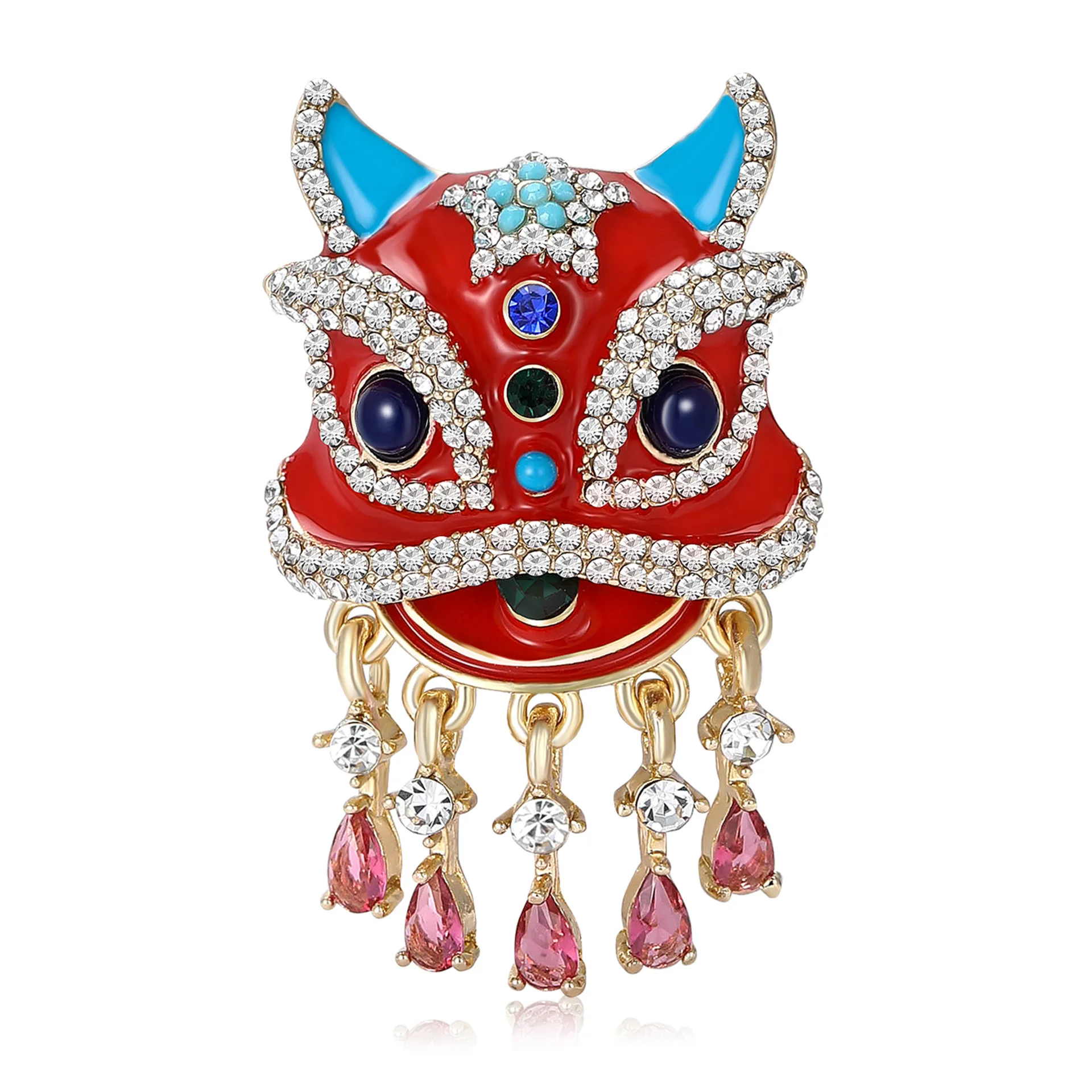

Red Enamel Lion Head Brooch Pin Crystal Fringe Chinese Lion Dance Badge New Year Jewelry Accessory Gift