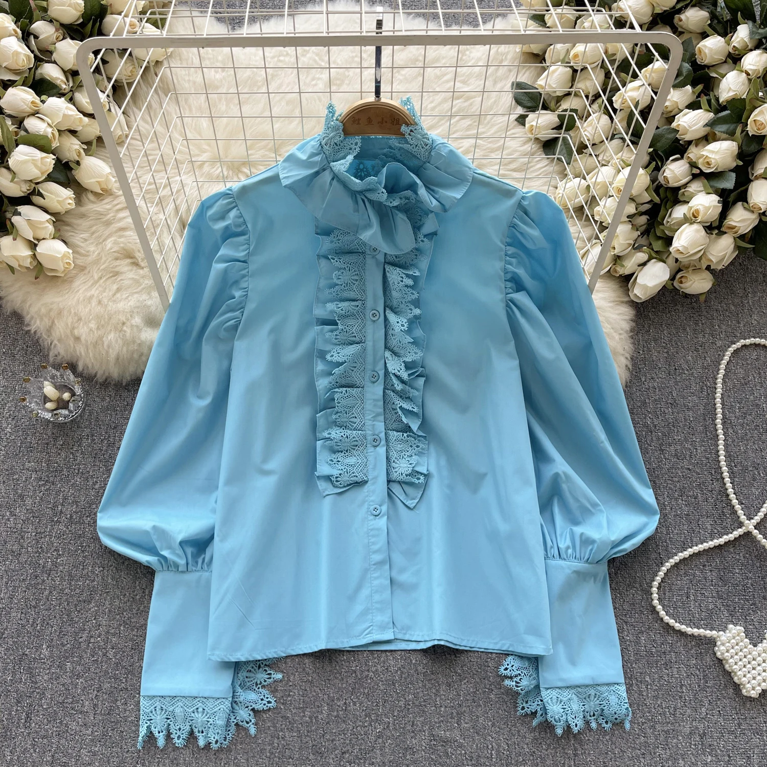 

French Celebrity Shirt for Women Autumn and Winter Wooden Ear Long Bubble Sleeve Single Breasted Elegant Blouse Tops Muejr L669