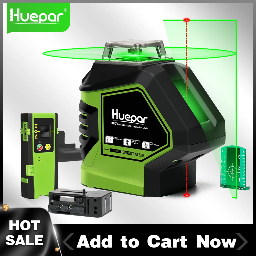 Huepar Self-Leveling Green Beam Laser Level Cross Line with 2 Plumb Dots 360° Horizontal Line Plus Large Fan Angle of Vertical