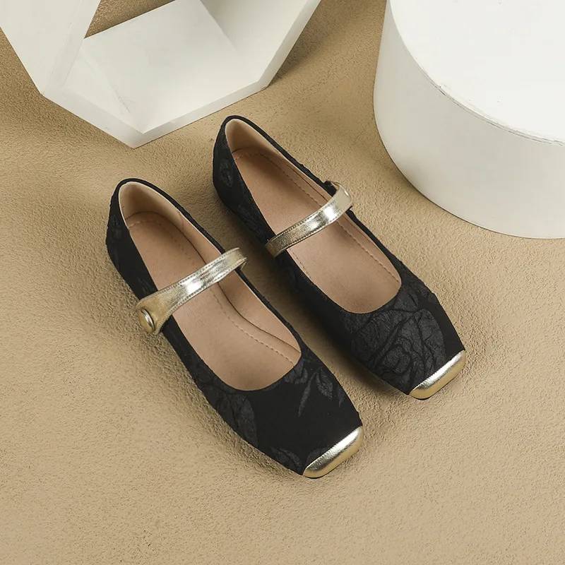 New Plus Size 44 Women's Flat Ballet Shoes Summer Retro Square Toe Satin Mary Jane Shoes Spring/Autumn Women Single Shoes