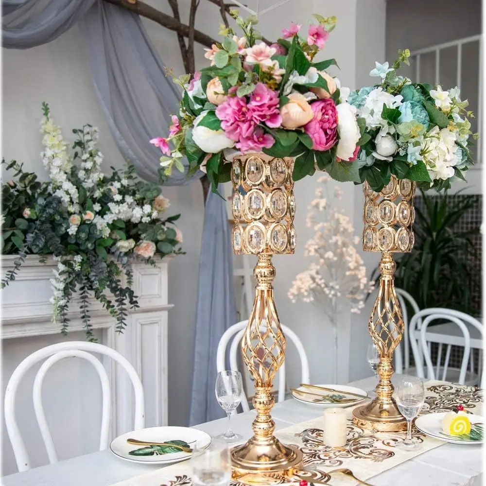 2Pcs Metal Crystal Wedding Centerpiece Vases for Table, Versatile Flower Holders Centerpiece Flower Stands for Party Decor