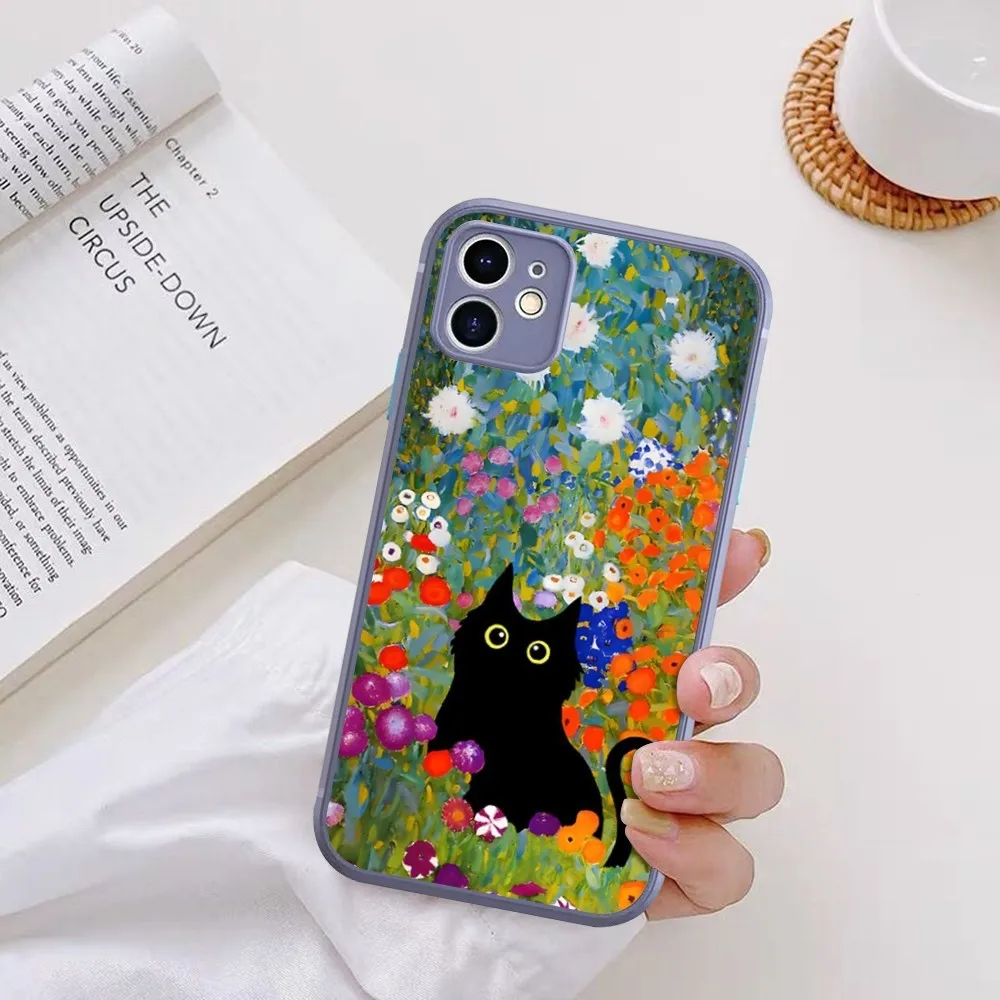 Claude Monet Van Gogh Zwarte Cat Oil Art Telefoonhoesje Voor Iphone 14 X Xr Xs 7 8 Plus 11 12 13 Pro Max 13Mini Mat Schokbestendig Hoesje