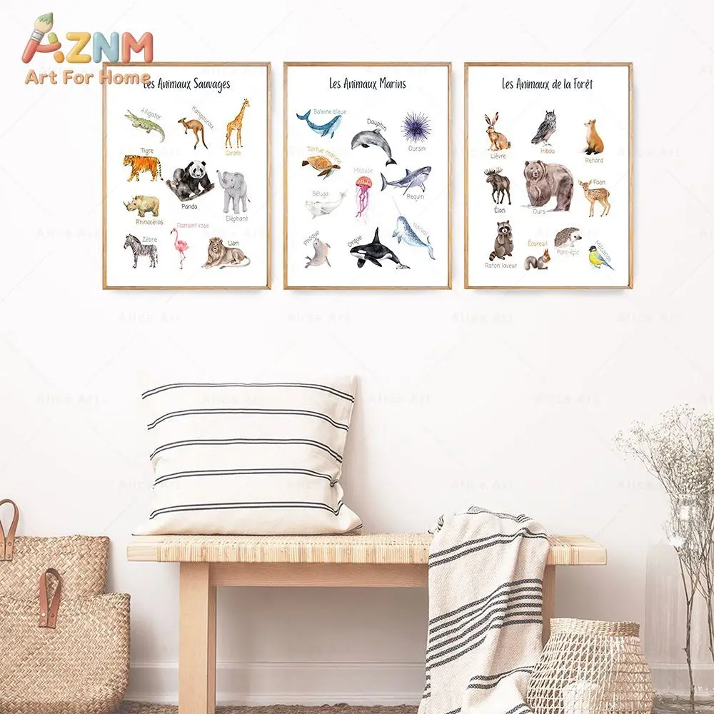 AZNM French Educational Canvas Wall Art Kids Learning Alphabet Shapes Colors Body Sea Animal Positive Affirmation Print Frameles